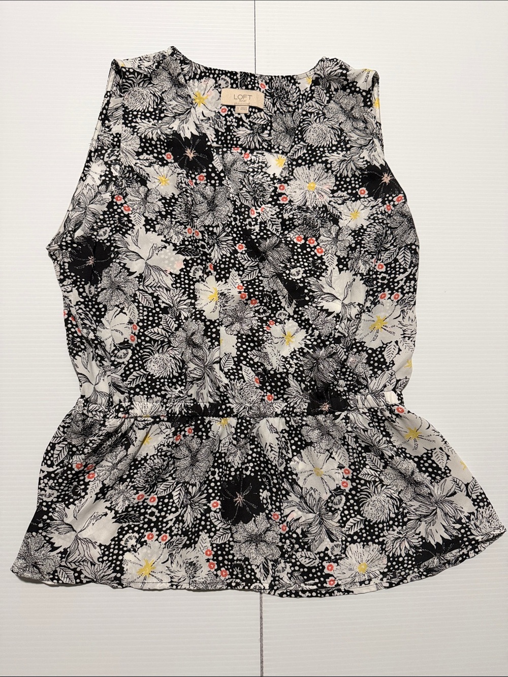 LOFT Black White Floral Peplum Shell with Yellow & Coral Accents